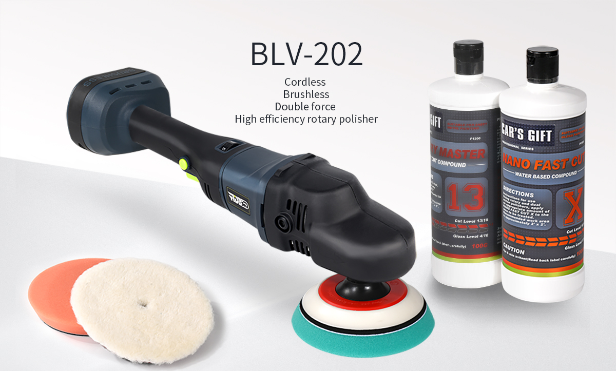 Cordless Rotary Polisher BLV-202 with dual action capabilities, featuring brushless technology and high efficiency for professional car polishing.